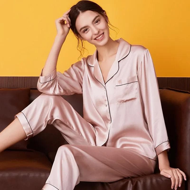 100% Silk Pajama Set for Women Summer and Autumn Long Sleeve Mulberry Silk Home Wear Silk Pajama Set for Women XL