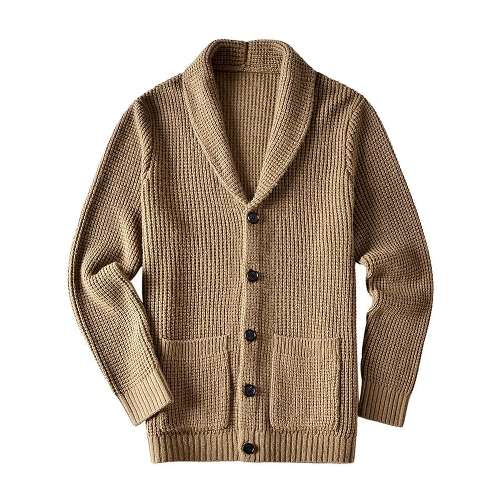 Men's Shawl Collar Cardigan Sweater Slim Fit Cable Knit Button up Merino wool Sweater M apricot