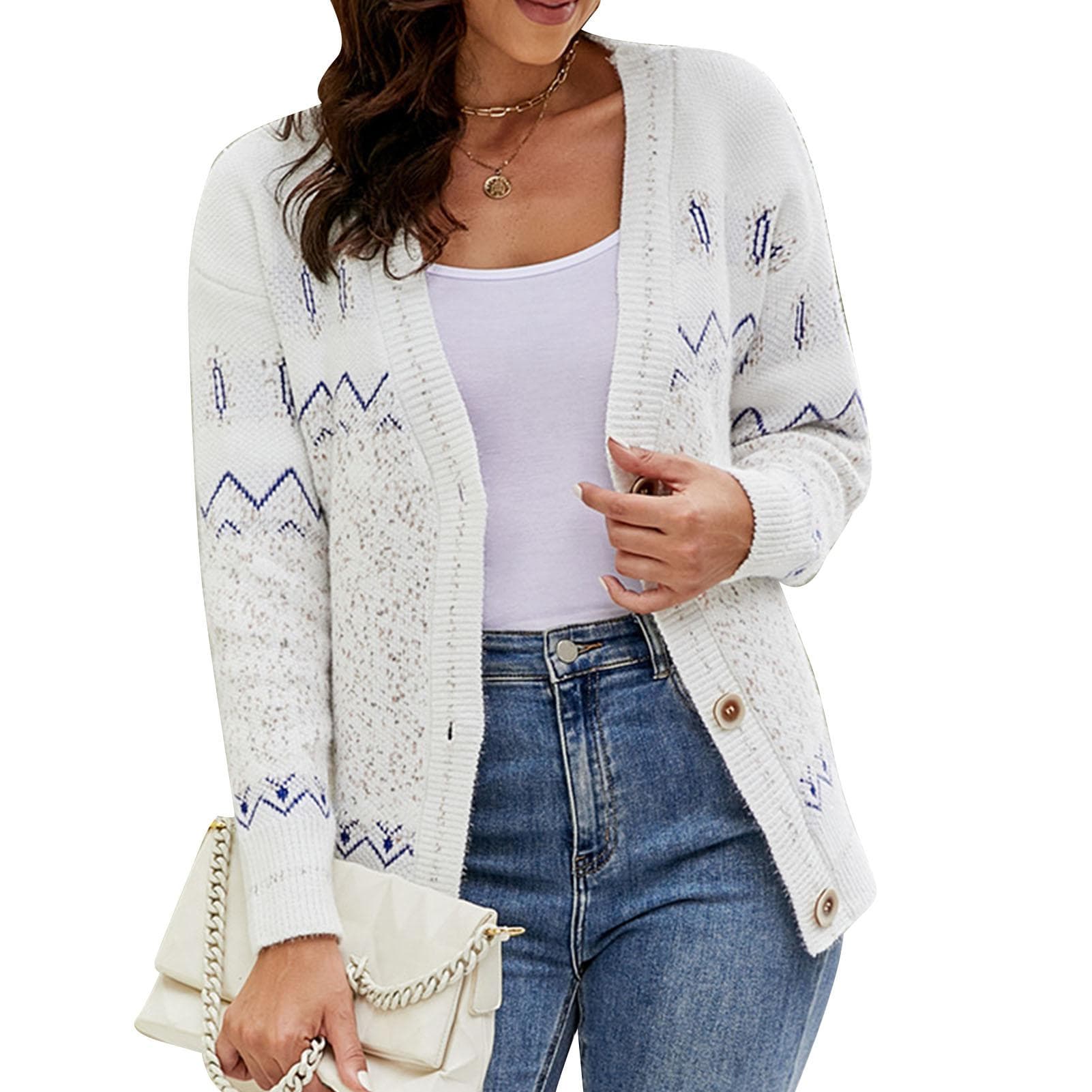 Women Knitted Coat V Neck Special Print Color Contrast Button Closure Long Sleeves Sweater Coat for L beige