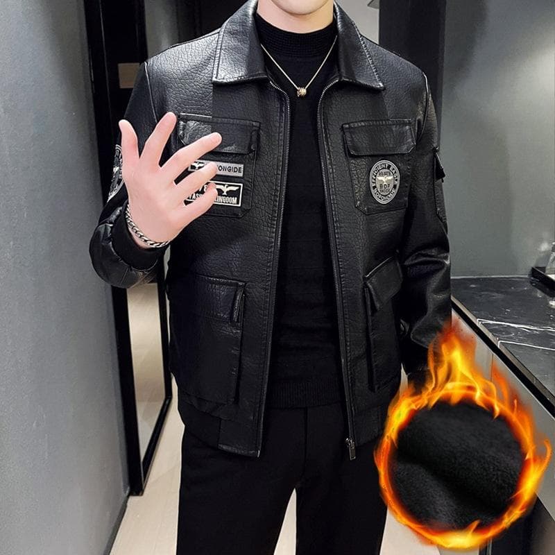 Men's Casual Leather Jacket Autumn and Winter New Outdoor Motorcycle Clothing Slim Korean Style Lapel Plus Velvet PU Leather Jacket Trendy 5XL black