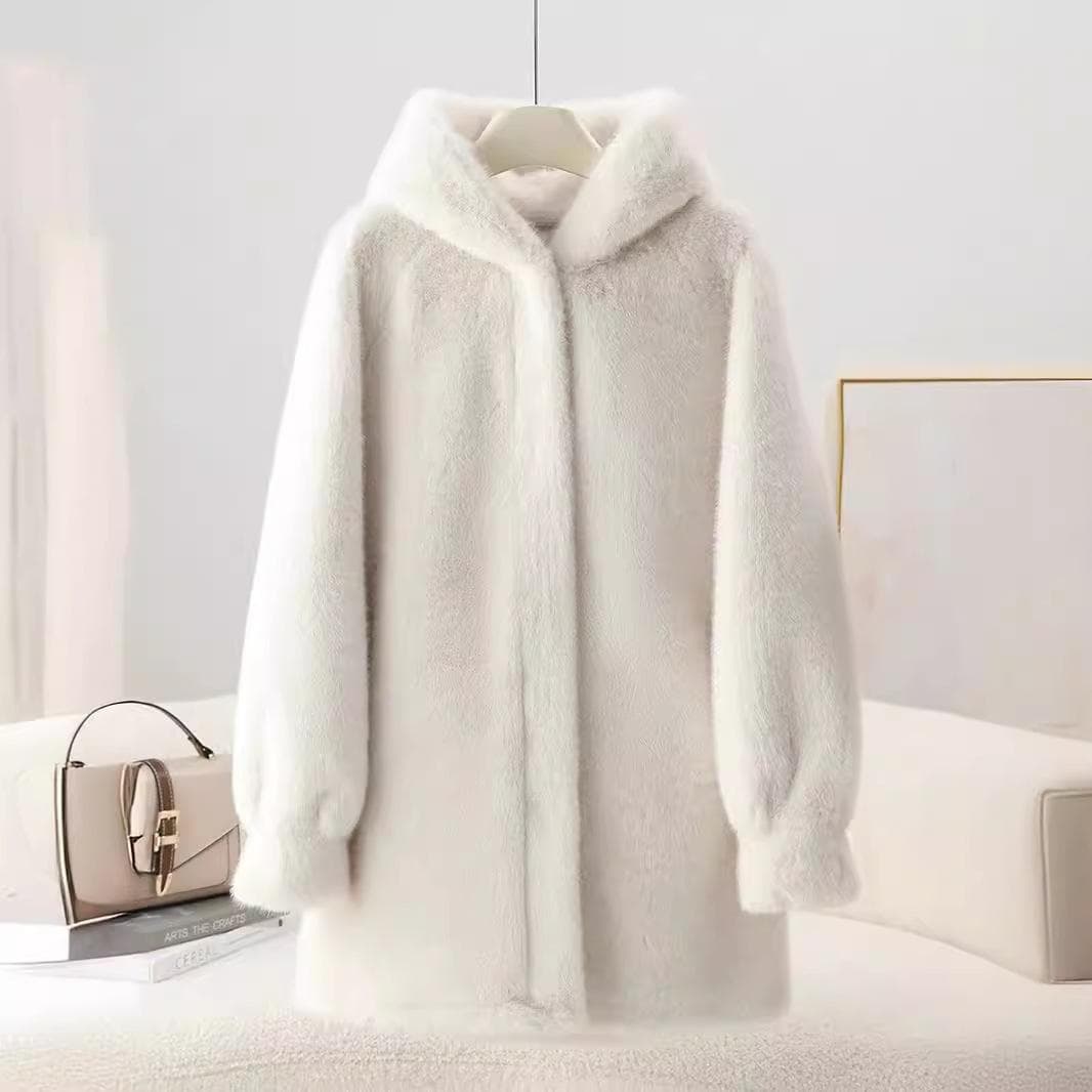 Fur One-piece Fur Coat for Women Imitation Mink Hooded Young Mid-length Coat S white