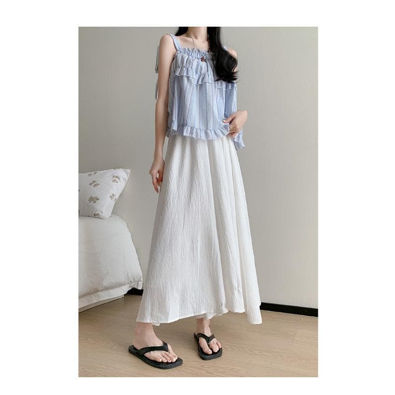 Ice Silk Pleated Pants and Skirt for Women In Summer New Pleated A-line Half-body Casual and Versatile High Waist Drooping Wide-leg Skirt and Pants L