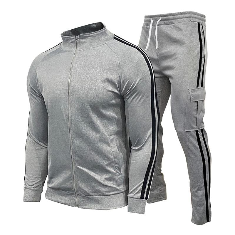 Fashion Men's Two-Piece Striped Sportswear Men's Zipper Top Outdoor Sports Pants Track Suit Suit XL grey