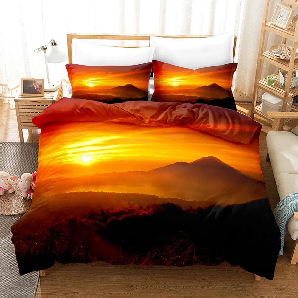 Goldon Sunset Bedding Set Tropical Beach Holiday Duvet Cover Set Girl Bed Cover Set Sunrise Quilt Cover Pillowcase Single Double 140x200cm 3pcs