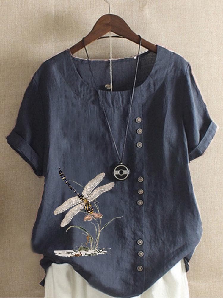 Summer Casual Dragonfly Print Loose T-shirt Retro Cotton and Linen O-neck Plus Size Short-sleeved Women's Top XS-5XL 5XL dark blue