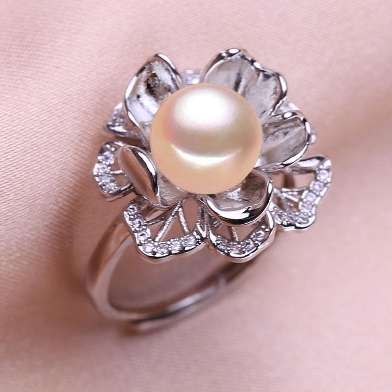 SENIKO Natural Freshwater Pearl Rings For Women Fashion Female Cubic Zirconia CZ Flower Ring Pearl Jewelry Adjustable Ring pink