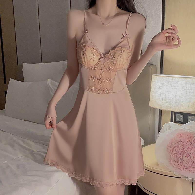 Pajama Set for Women Autumn Satin Embroidered Lace Pajamas with Breast Pads Casual Sexy Pajamas for Women L