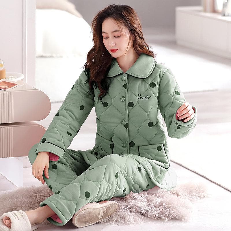 Women's Pajamas Winter Plush and Cotton Cardigan Plaid Style Winter Three-layer Thick Cotton Home Clothing Insulation Set 3XL