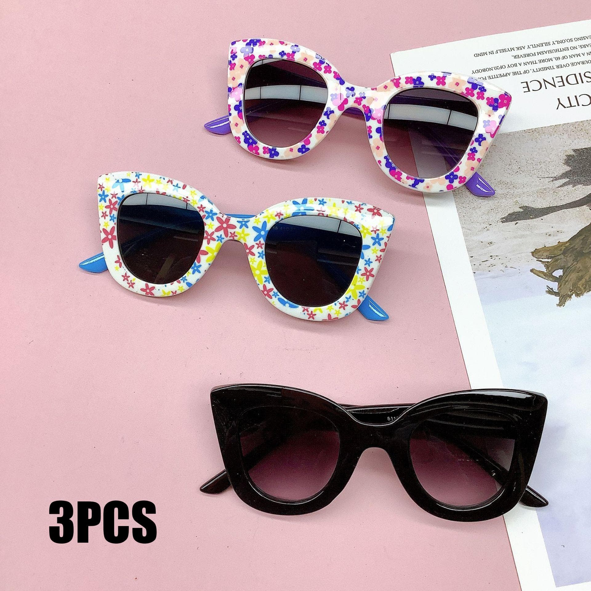 3PCS Personalized Cat Eye Sunglasses for Girls Fashionable Cute Printed Frame Childrens Decoration