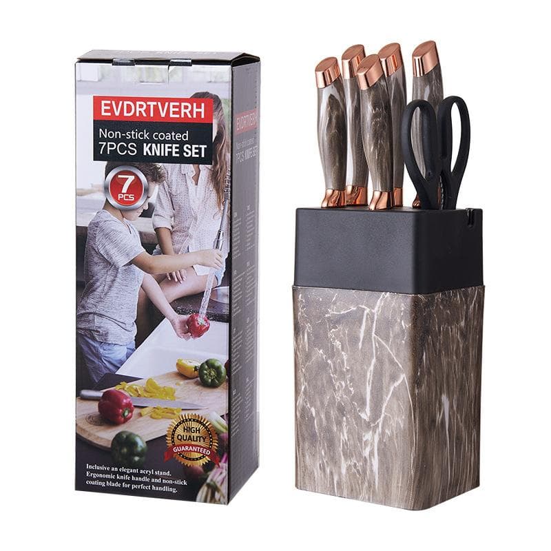 7pcs Kitchen Knife Sets Stainless Steel Chef Knife Bread Knife Marble Textured Handle Sets Tool Holder with Grinding Stone brown