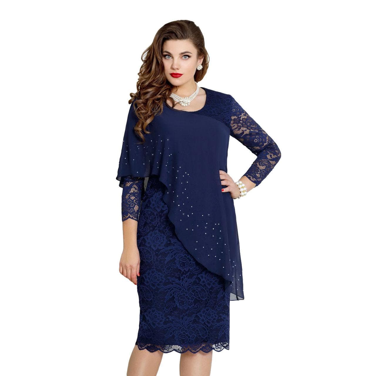Large Size Solid Color Lace Splicing Elegant Seven-quarter Sleeve Slim-fitting Evening Dress Skirt Women's Clothing 5XL navy blue
