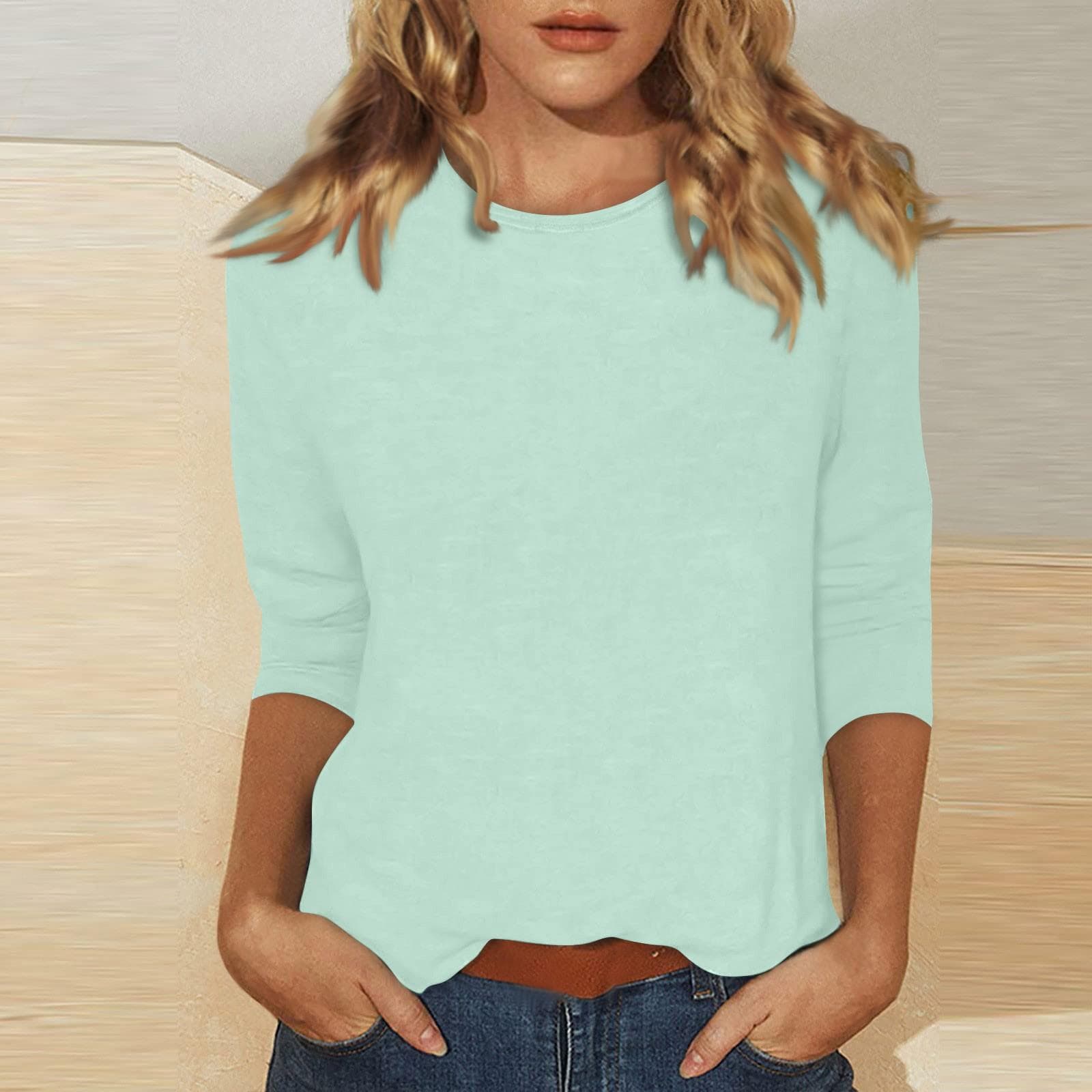 Women's Casual O-Neck Three Quarter Sleeve Solid Color Top S