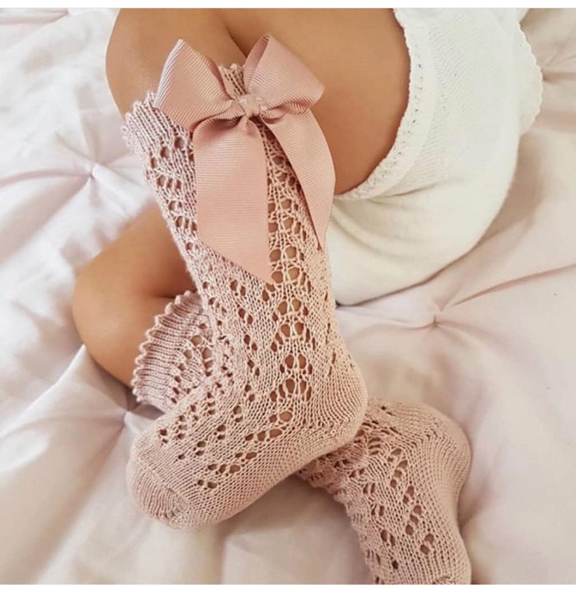 Children Girls Royal Style Bow Knee High Fishnet Socks.Baby Toddler Bowknot In Tube Socks.Kid Hollow Out Sock Sox 0-6Y 1-3y pink