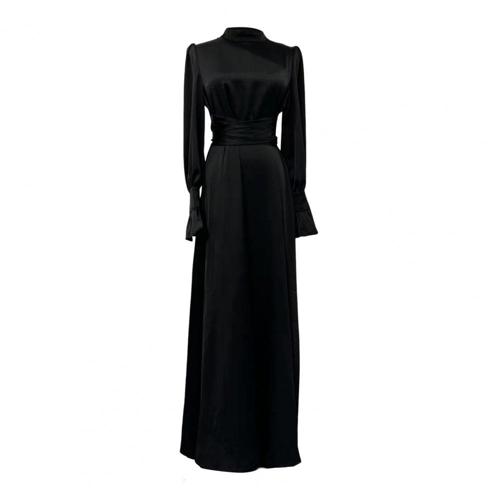 Fall Spring Lady Dress Puff Sleeves Tight Waist Stand Collar Pure Color A-line Pleated Shopping Commuting Party Prom Maxi Dress S black