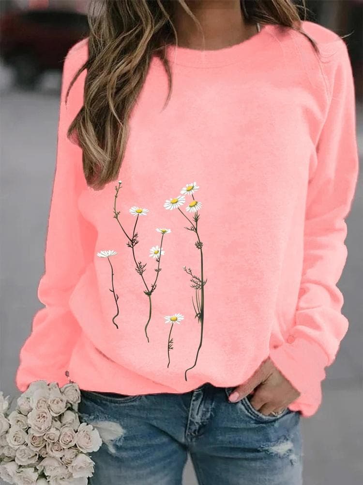 Women Winter Clothing Floral Printed Casual Sweatshirt Long Sleeve Tops T-shirt Ladies Round Neck Pullover Sweater 2XL pink