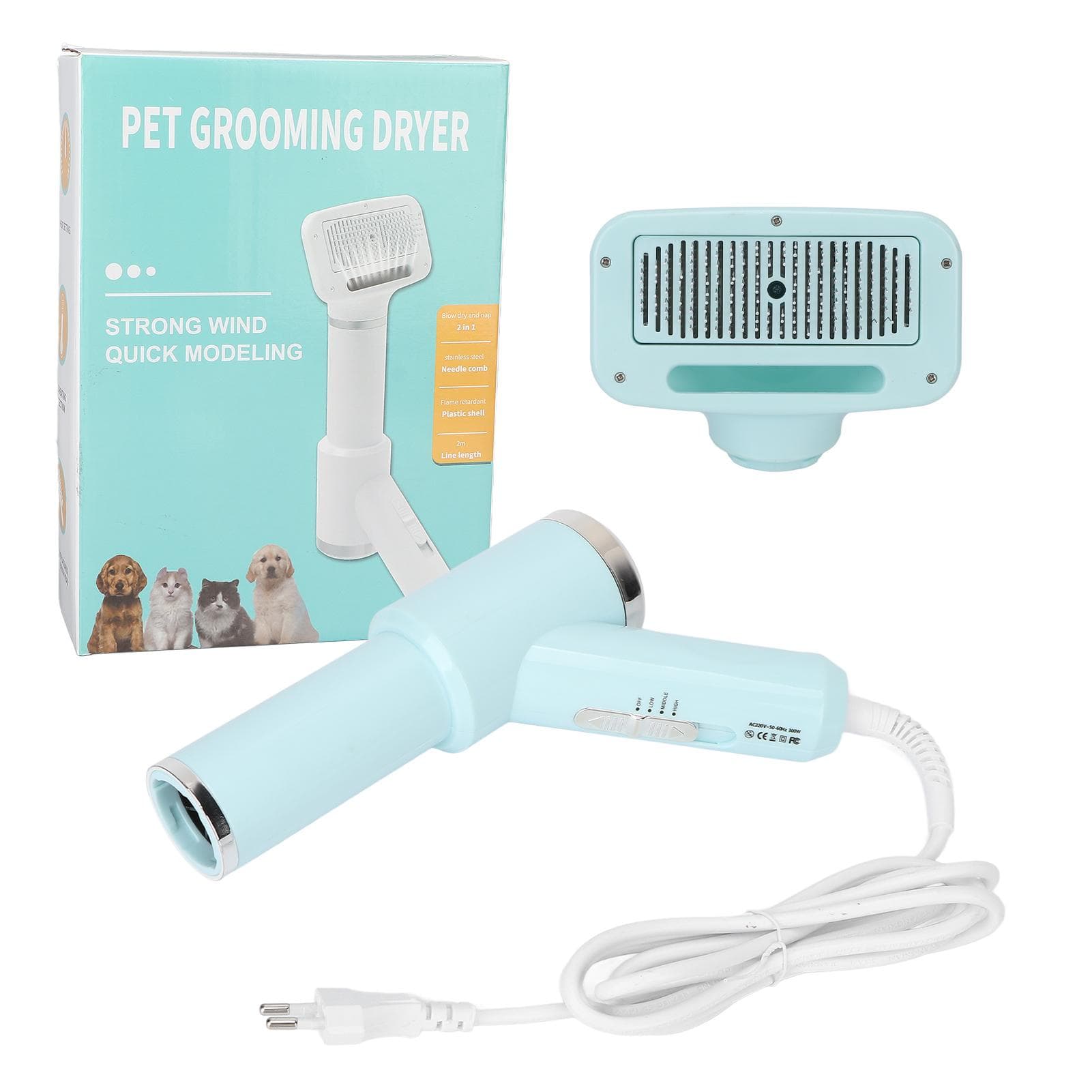Pet Hair Dryer Comb Adjustable Temp Massage Grooming Pet Hair Blower with Slicker Brush for Cats blue