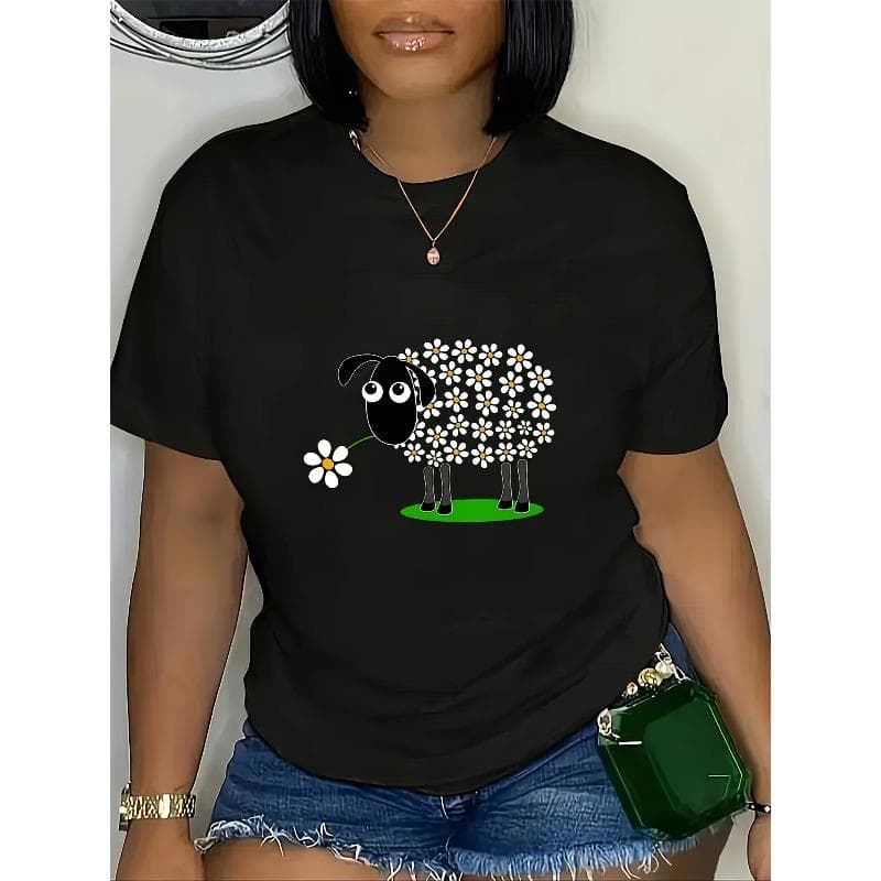European sizes Women'S Cute Sheep Graphic Print T-Shirt, Short Sleeve Crew Neck Casual Top for Summer & Spring, Black with White Daisy Design 3XL black