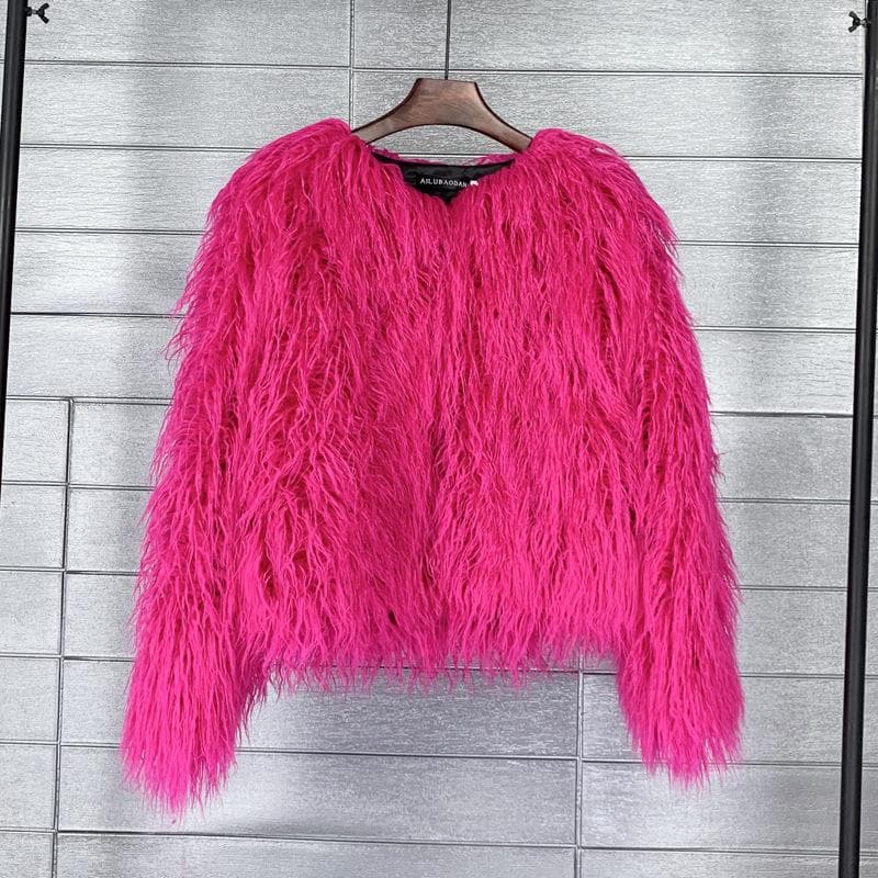 16 Color Women's Fur Coat Colorful Fluffy Pink Lamb Fur Faux Fur Coat Sheepskin Coat Winter Faux Fur Coat 2XL rose red