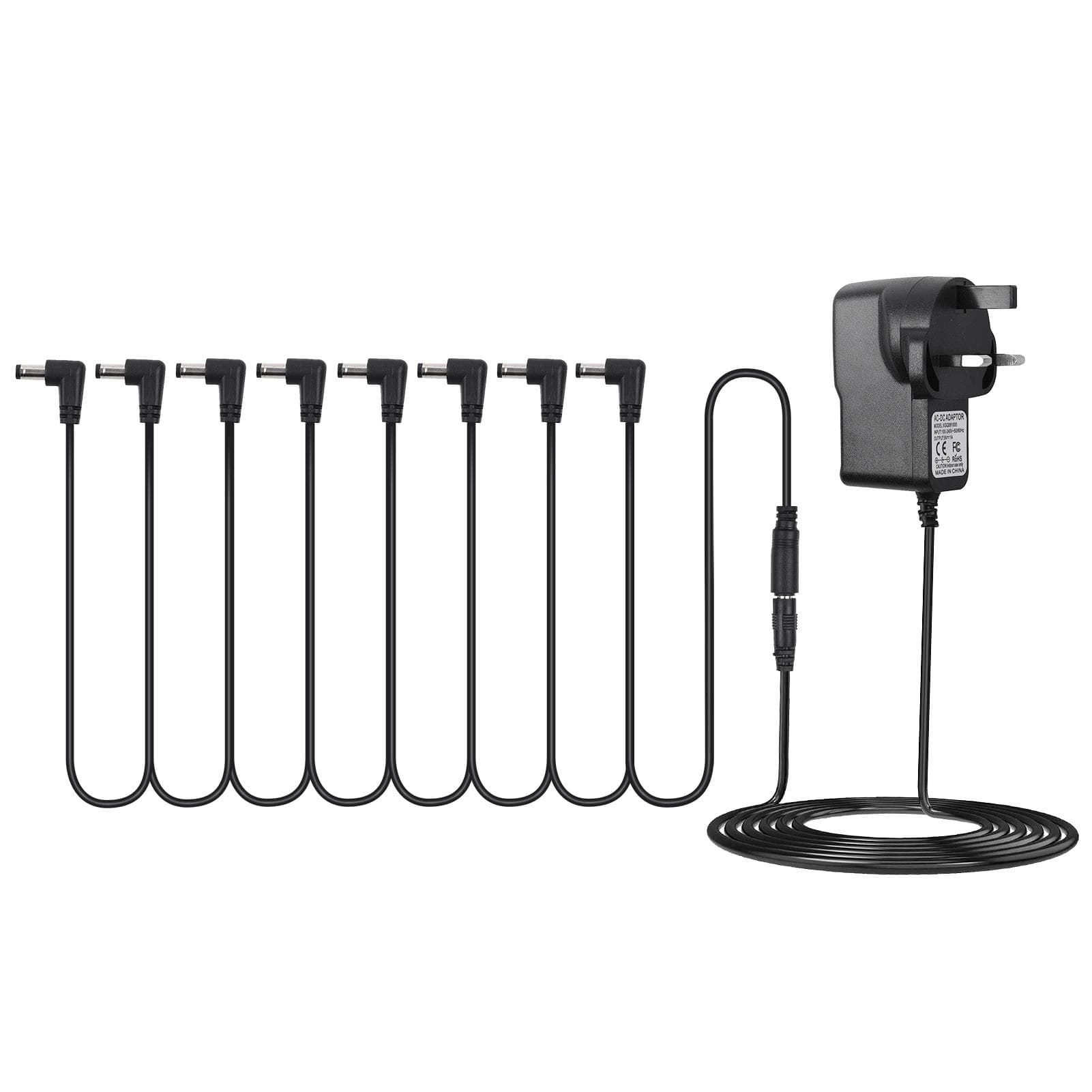 Guitar Effect Pedal Power Supply Adapter with 8 Ways Daisy Chain Cable Power Line Right Angle UK Plug