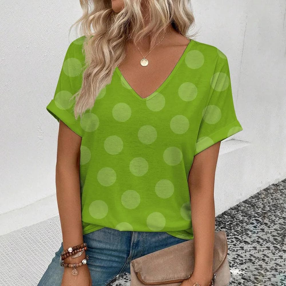 Summer Casual T-shirt Solid Color T-shirt Polka dot 3D Print T-shirt Fashion women's short sleeve T-shirt Women's V-neck S