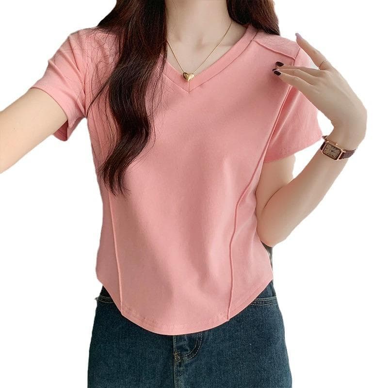 Korean Version of Irregular Hem Slim Fit Inside V-neck Short-sleeved T-shirt for Women In Summer Waist-hugging Base Shirt Pure Short Top 2XL