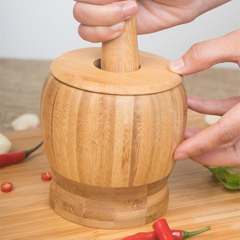 Large Capacity bamboo Garlic Press Spice Grinder Manual Mashed Garlic Grinder with Bamboo Mortar and Pestle Kitchen Tools 10cm