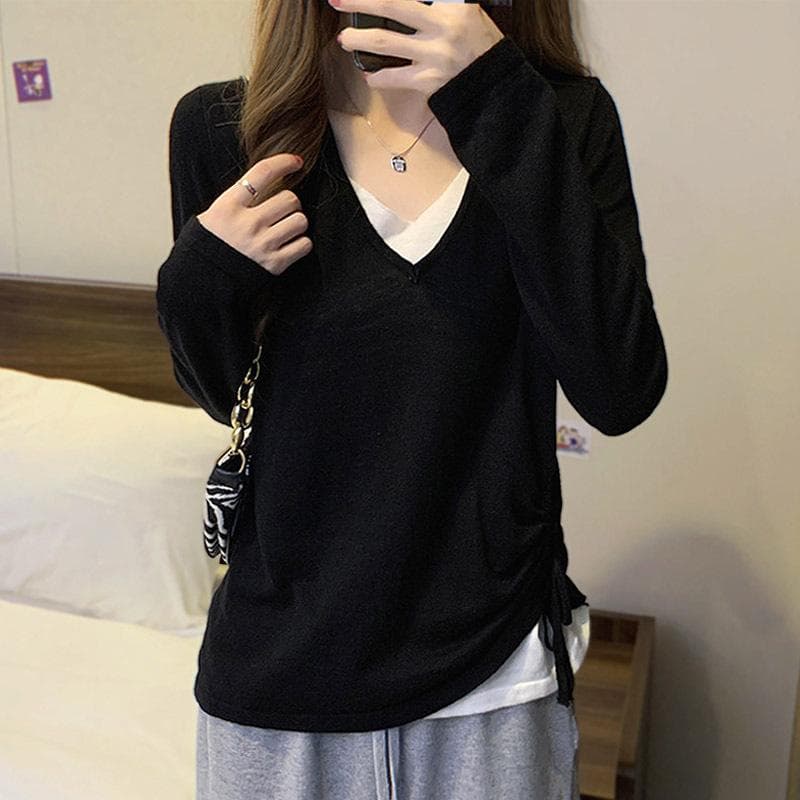 Large Size Fat Girl Fake Two-piece V-neck Top for Women with Slim Inner Long-sleeved Base Shirt Design Long-sleeved Knitted Sweater 4XL