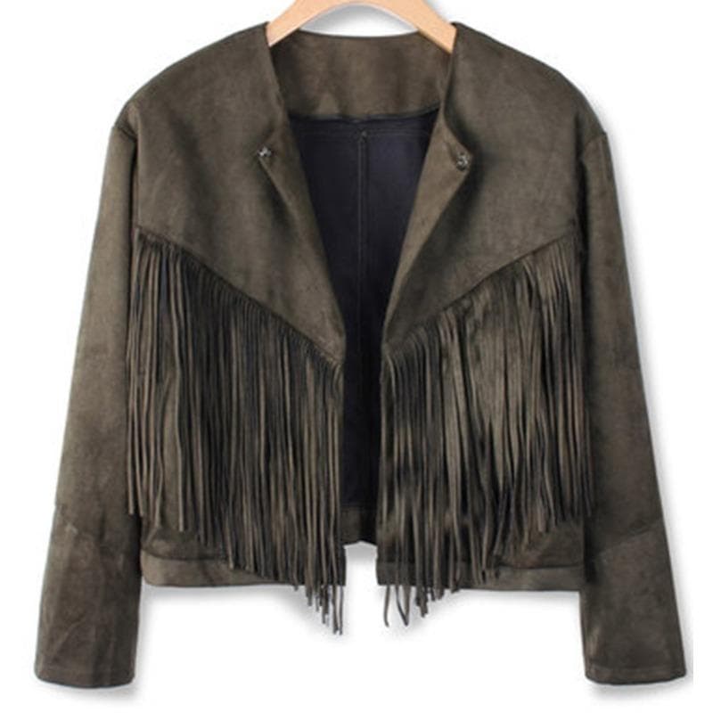 Women's Jacket Short Long Sleeve Suede Leather Tassel Jacket S