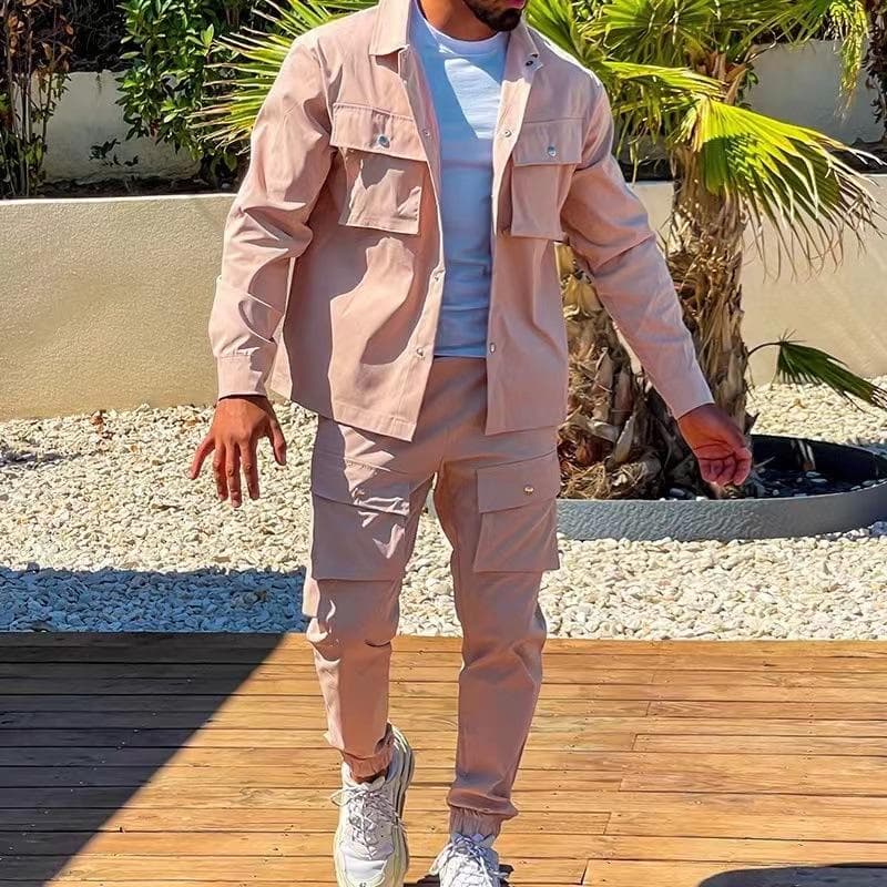 Men's Jacket Cargo Pants Set with Pocket Button Spring Fall Blue Tracksuit Solid Color Male Fashion 2 Pieces Suit XL pink