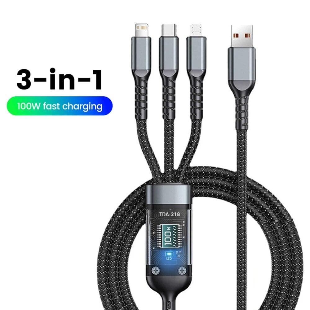 3 in 1 100W 1.2M Fast Charging Cable USB Type C Cable For iPhone Realme Samsung Huawei 50 pro Micro Usb C Lightning Charger Charging Cable Wire black
