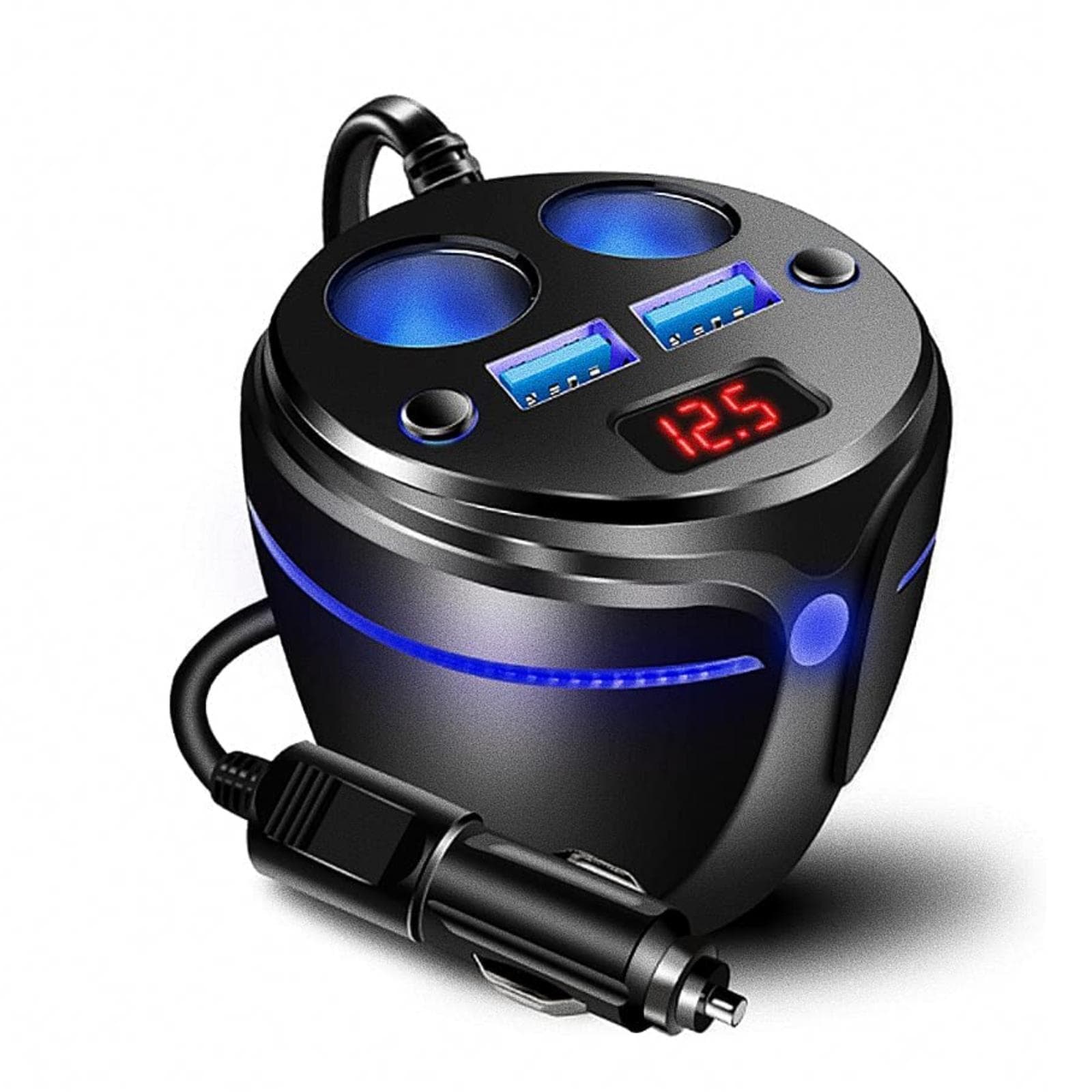 Cigarette Lighter Adapter, Car Charger 2 USB Quick Charge and 2 Socket Cup Shape Cigarette Lighter Splitter with LED Voltage Display For 12--24V black