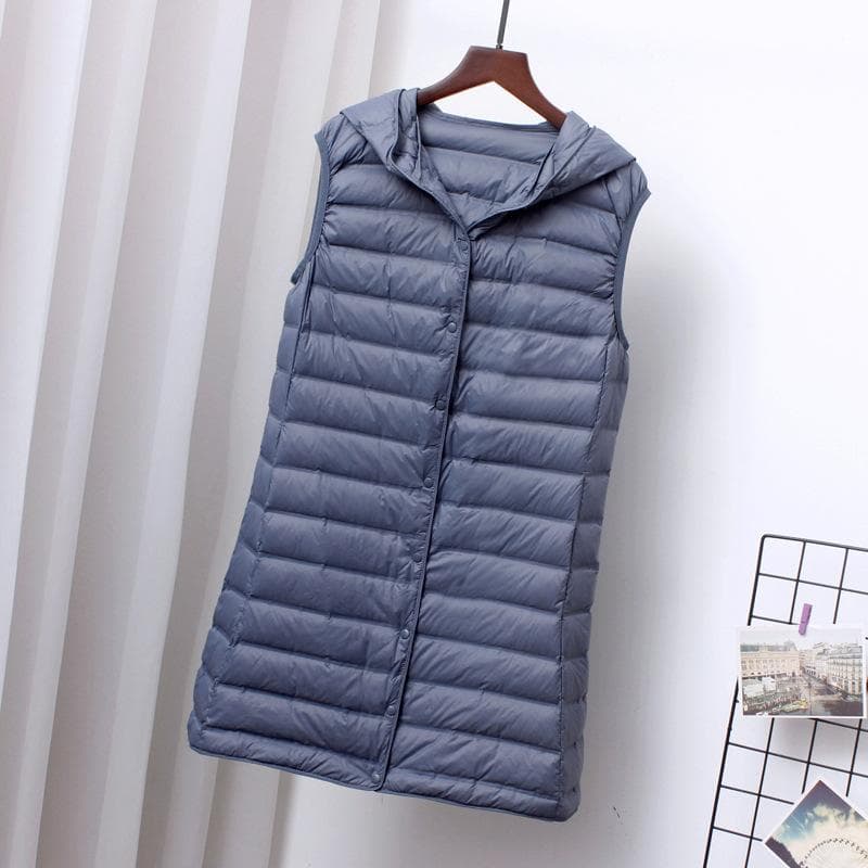 Women Ultra Light Down Long Vest with Hood Casual Slim Waistcoat Duck Down Gilet Fashion M blue