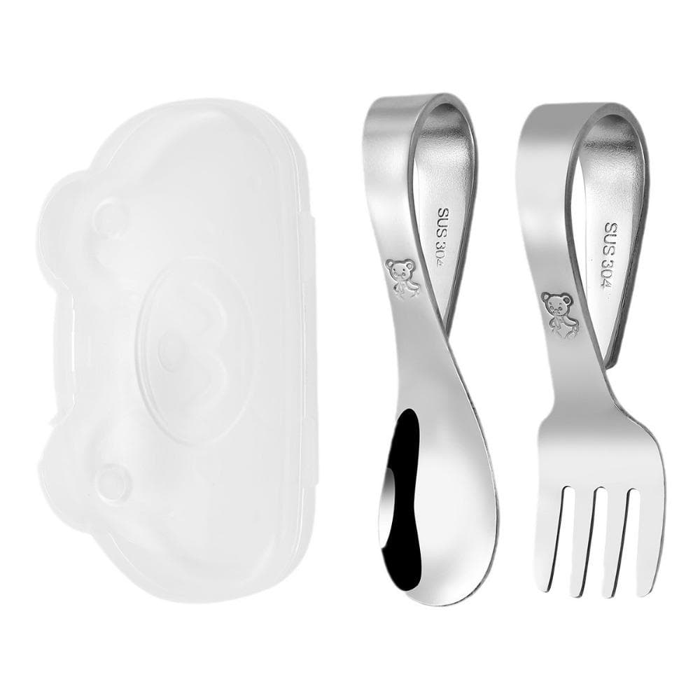 Curved Handle Cute Training Spoon Fork Stainless Steel Kids Tableware Set Salad silver