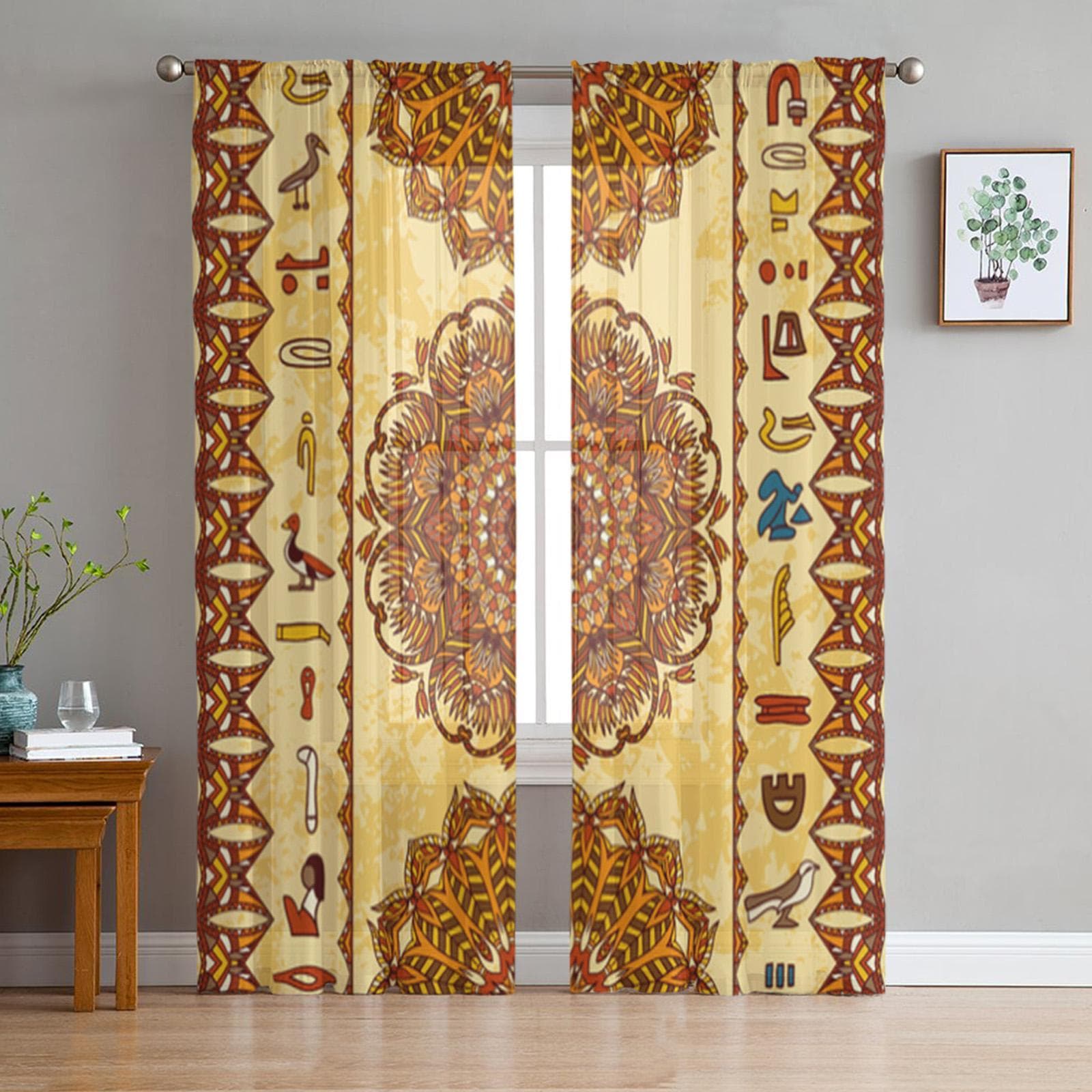 Mandala Ancient Egypt Sheer Curtains for Living Room Transparent Tulle Window Treatments Bedroom Kitchen Home Decor Veil Drapes 135W x 114H(cm)