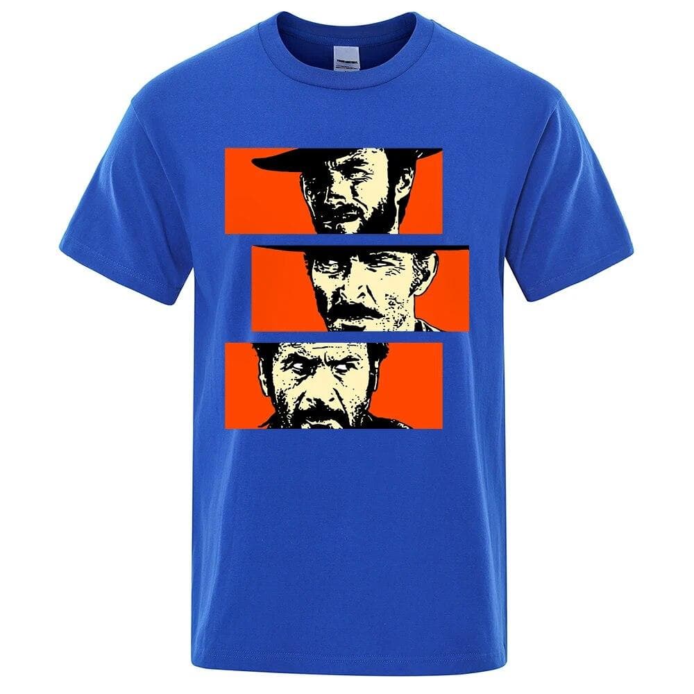 The Good the Bad and Ugly Blondie Angel Eyes Tuco Cowboy T Shirt Men Women Il buono brutto cattivo Oversized Cotton Tee shirt L blue