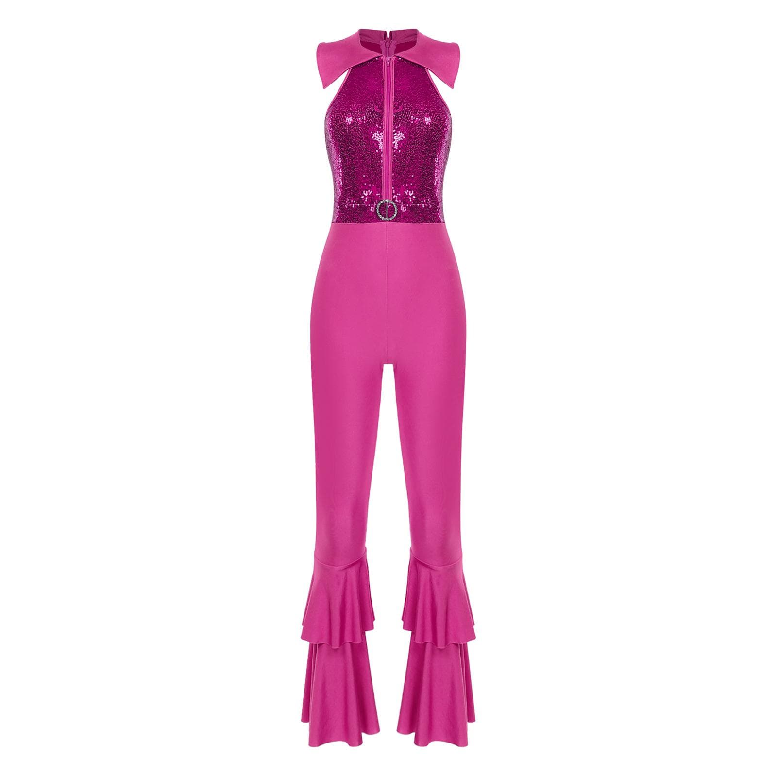 Womens Disco Jumpsuit Shiny Sequins Sleeveless Bell Bottom Design Rhinestone O-Ring Accents for 70s Theme Parties 4XL hot pink