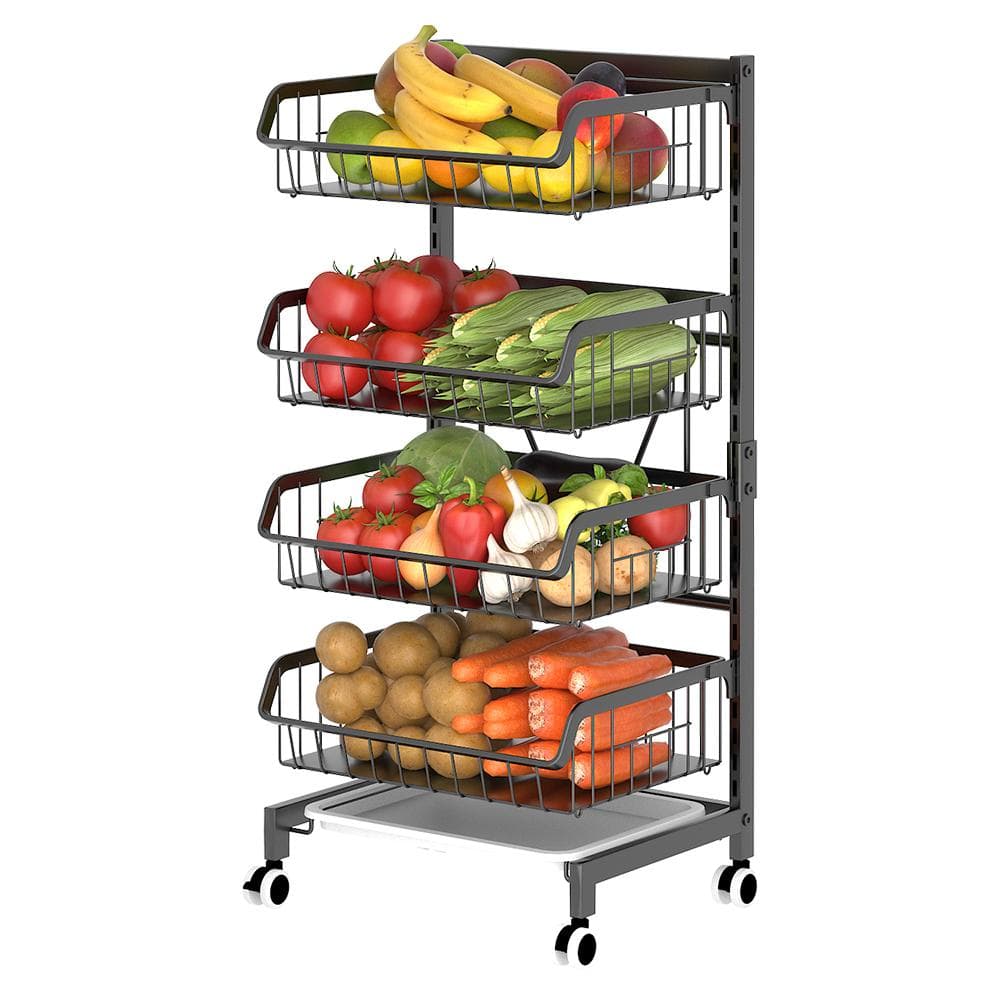 4-Tier Kitchen Carts on Wheels Adjustable Metal Large Capacity Fruit Vegetable Storage Basket 4 Baskets black