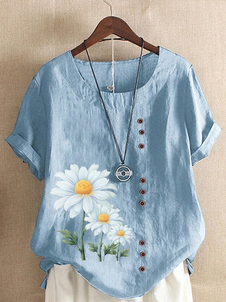 Women's Summer Round Neck Short Sleeve T-shirt Casual Cotton Linen Graphic Shirt Leisure Fashion Loose Daisy Prined Blouse Tops Plus Size 4XL blue