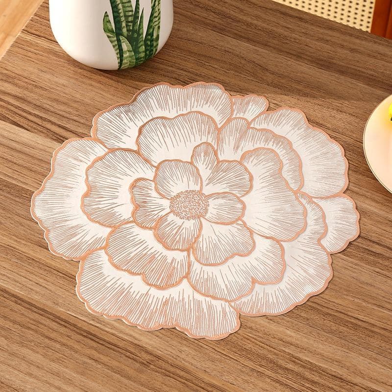 Flower Design PVC Placemats, Washable, Easy To Clean, Wipe-Clean, Non-Slip, Heat Resistant, Holiday Wedding Party Table Decor 1PC(15inch Round) rose gold
