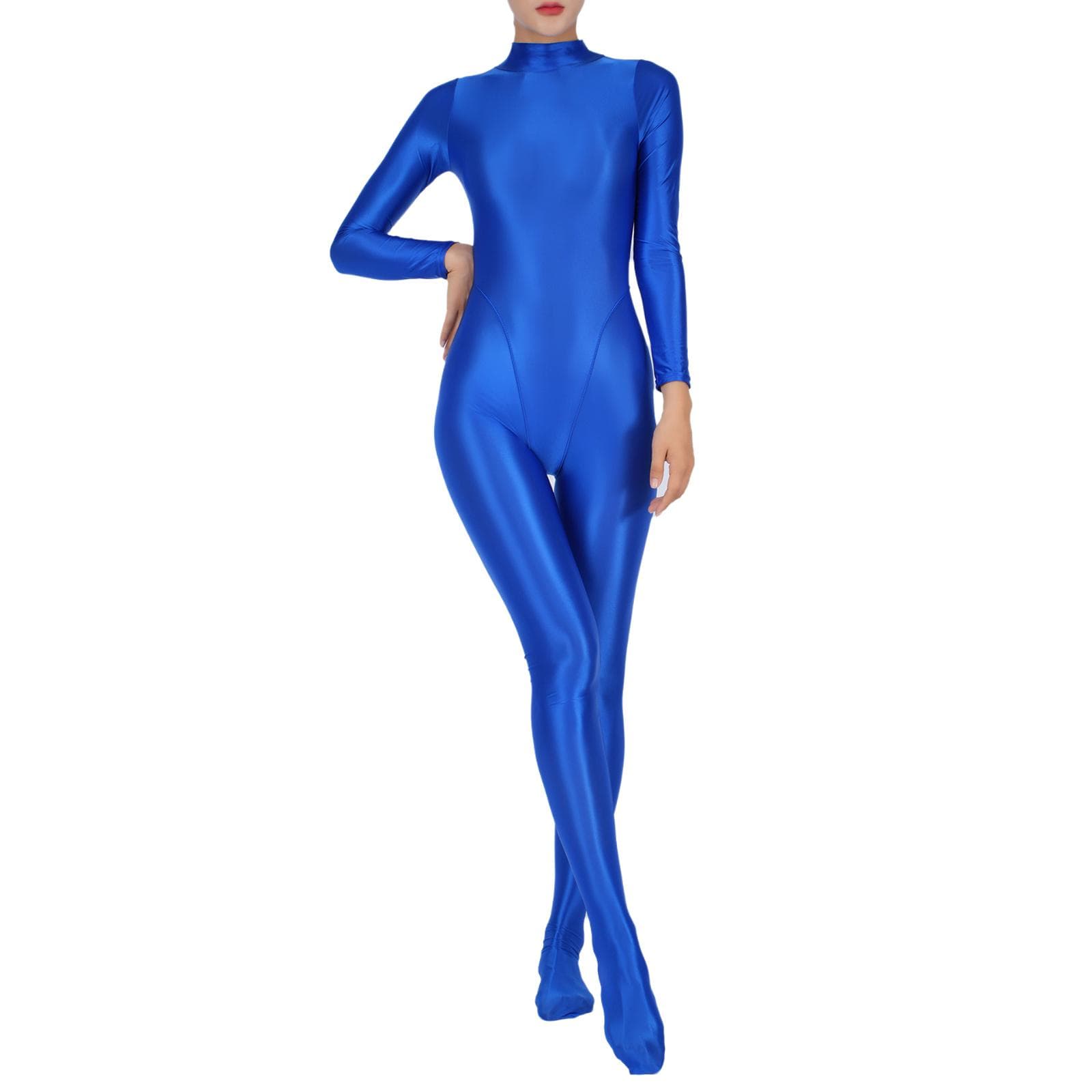 Womens Full Body Jumpsuit Sports Gym Yoga Tights Bodysuit Mock Neck Long Sleeve Footed One Piece Jumpsuit Clubwear Sportwear XL/XXL blue