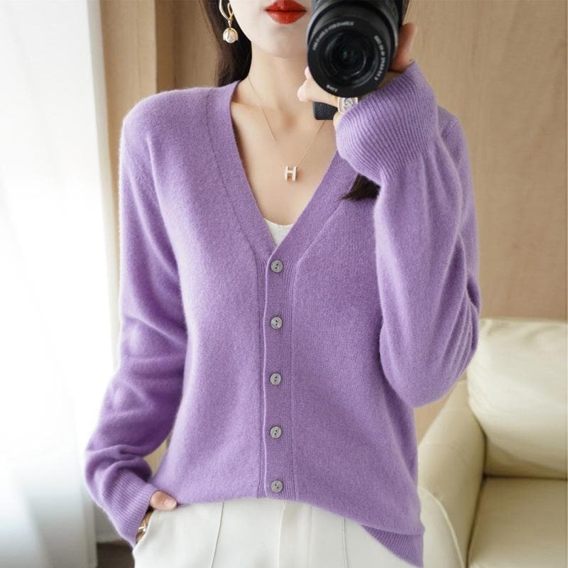 Spring and Autumn Women's Cardigan Jacket V-neck Knitted Cardigan Short Loose Peplum Sweater Thread Sweater L light purple
