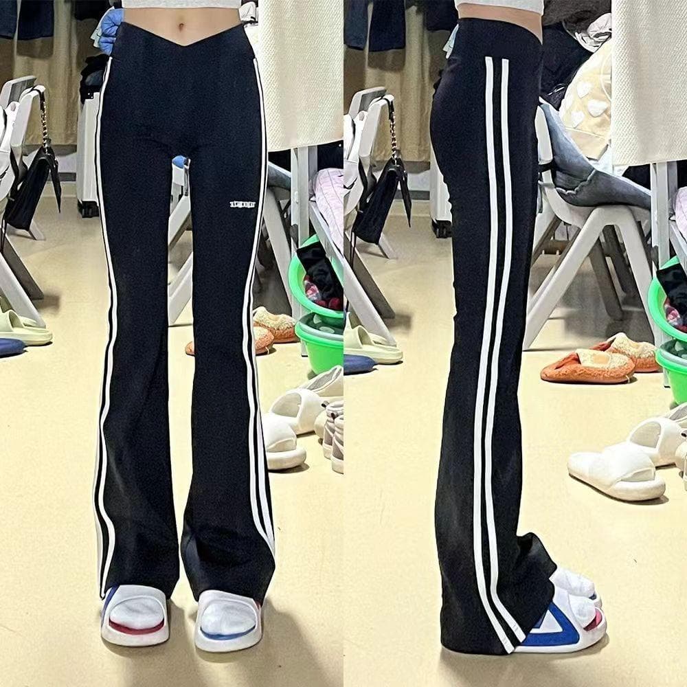 Strip Sports Bell-bottom Pants for Women In Spring and Autumn, High Waist Slim Drooping Floor Casual Slim Yoga Pants 2XL black