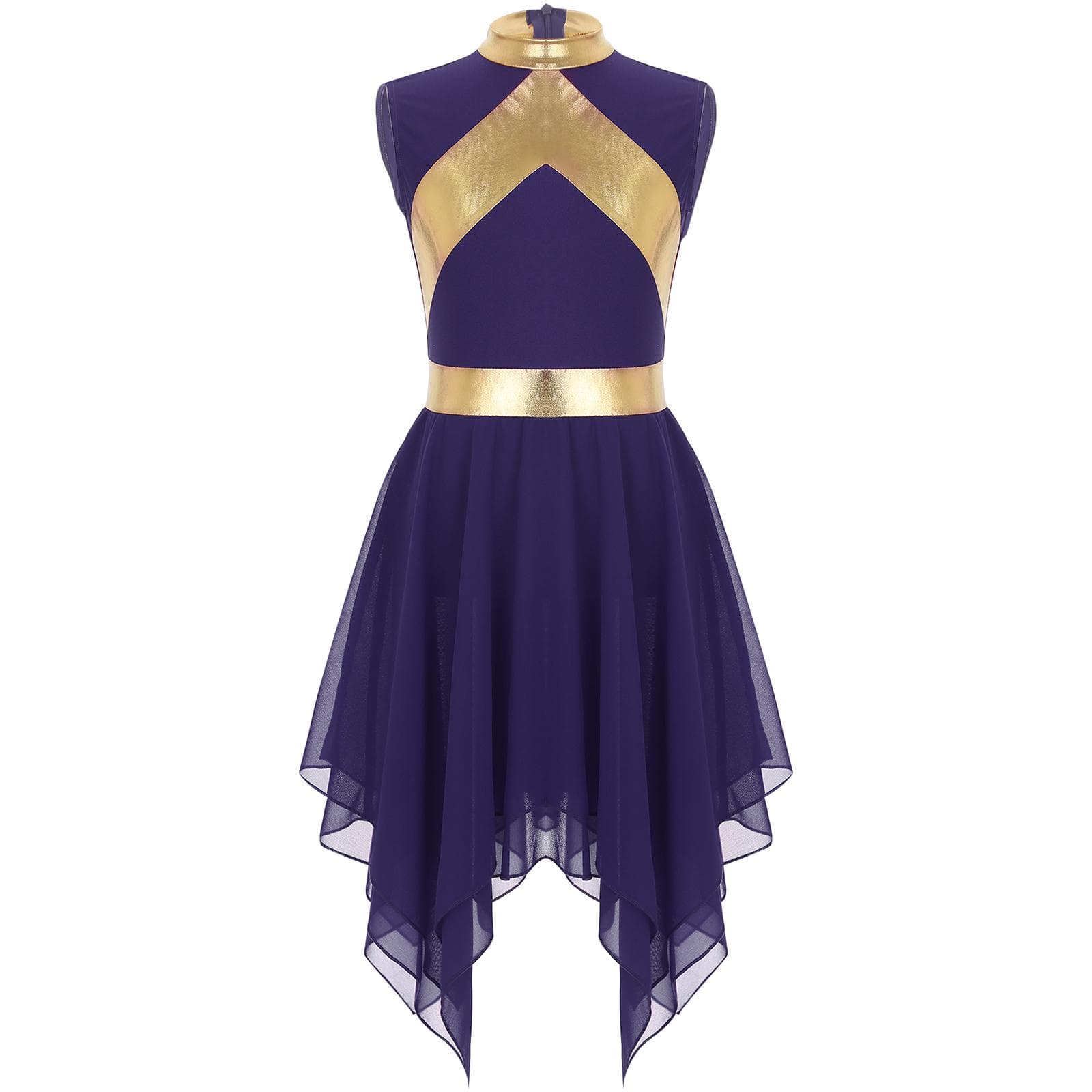 Kids Girls Modern Liturgical Dress Metallic Fabric Sleeveless Asymmetrical Dance Gown 15-16 Years purple