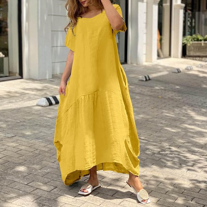 Spring and Summer Literary Loose Large Size Cotton Linen Long Dresses Dresses XXXL yellow
