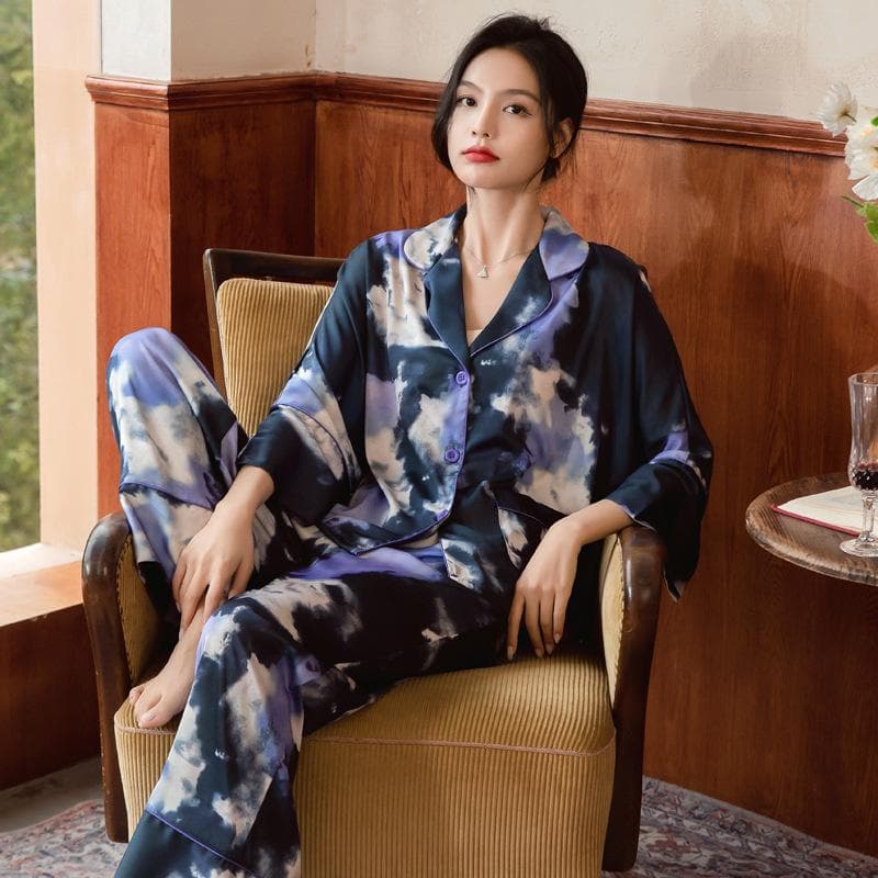 Spring and Autumn Women's Pajamas Ice Silk Thin Pajamas Long Sleeve Set Women's Home Clothes Set XL