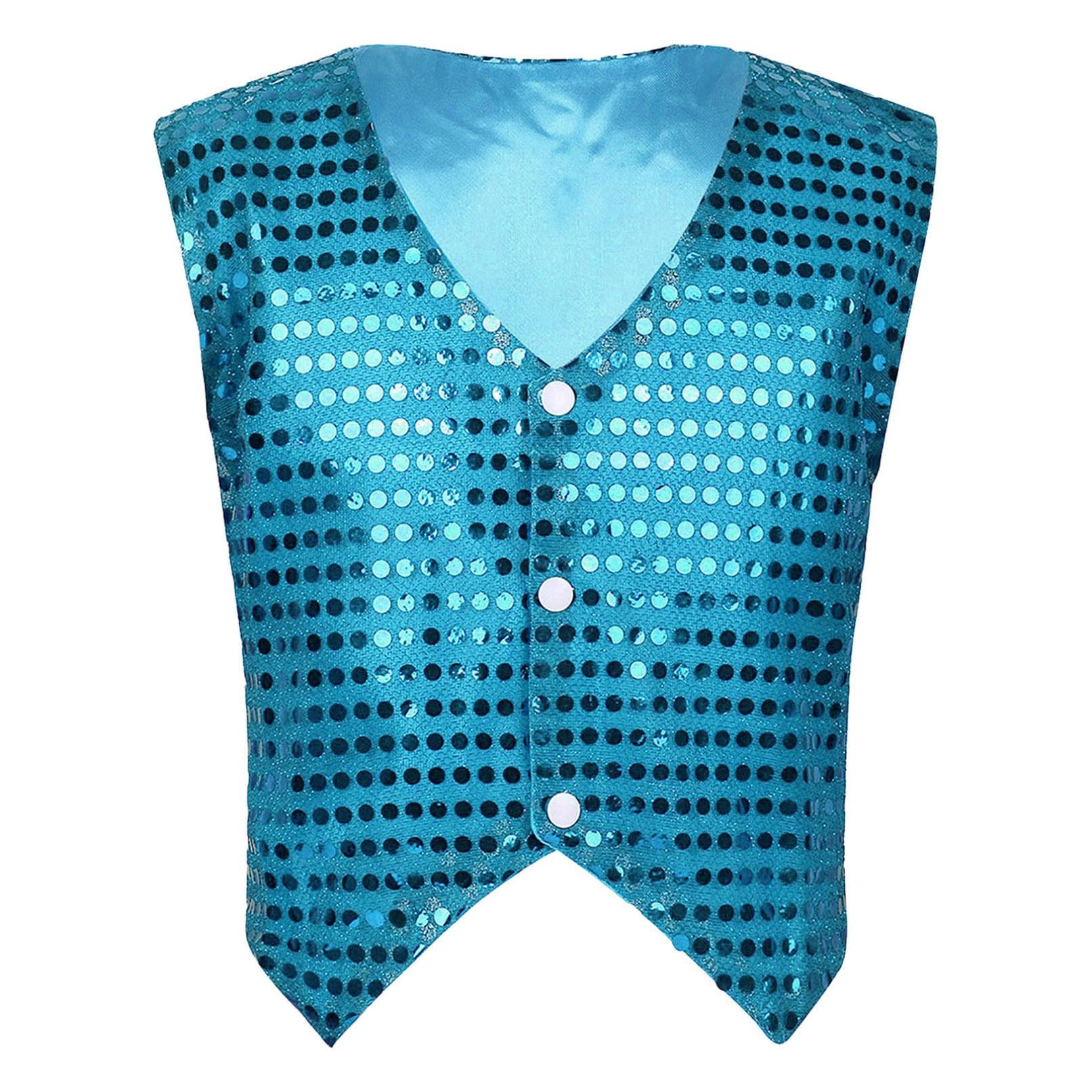 Kids Sequin Glitter Waistcoat Jacket Fashion Sleeveless Party Choir Dancing Vest Costumes 12-13 Years light blue