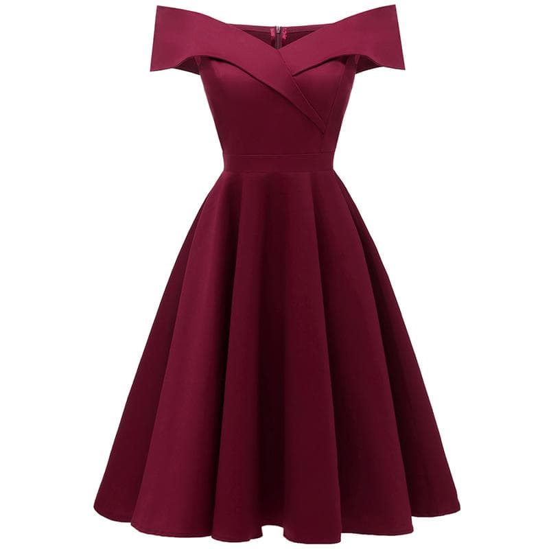 Elegant Women Off Shoulder Dress V Neck Short Sleeve Solid Pleated Cocktail Party A-line Swing L burgundy