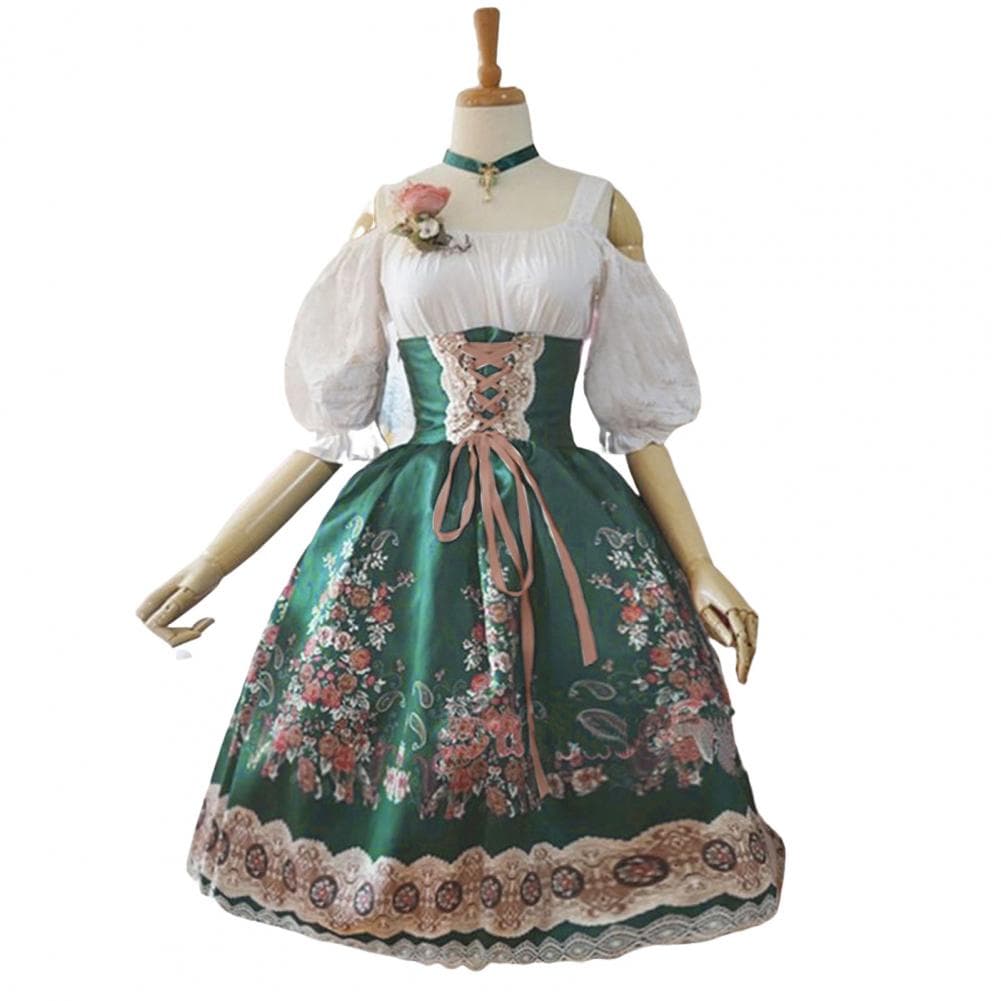 Adjustable Strap Dress Elegant Lolita Princess Style A-line Dress with Lace Floral Printing Off Shoulder Design for Women's M green