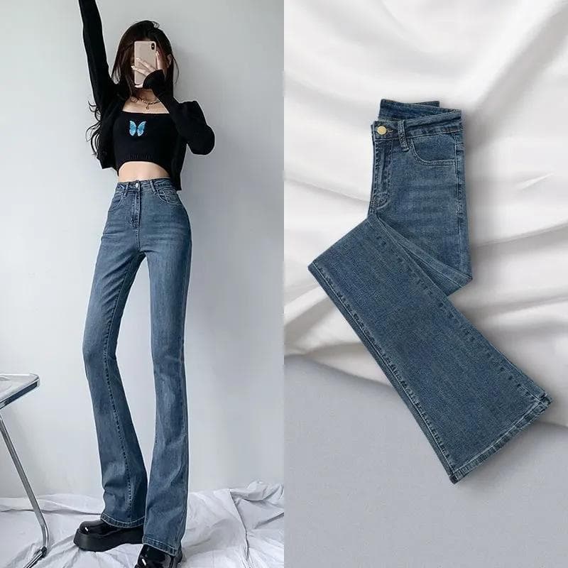 Women's Fashion Casual High Waist Micro Elastic Strap Flared Pants Wide Leg Pants Jeans Horseshoe Pants XS blue