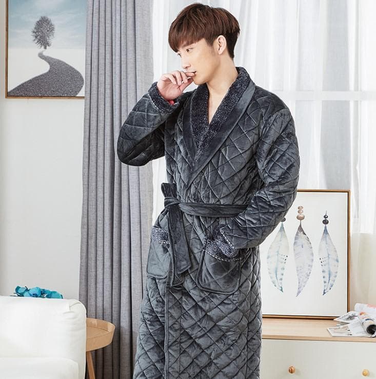 Thick 3 Layers Warm Winter Bathrobe Men Soft Flannel Quilted Long Kimono Bath Robe Male Dressing Gown for Mens Coral Fleece Robe XL